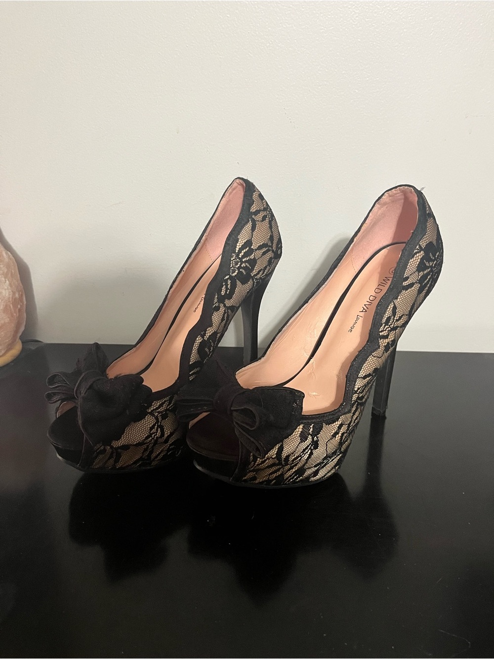 Wild Diva Black Lace Peep-Toe Platform Heels with Bow Accent
